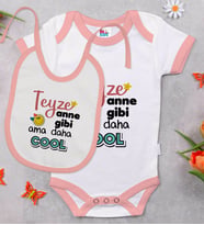BK Kids Teyze Anne Gibi Tasarımlı Pembe Bebek Body Zıbın ve Mama Önlüğü Hediye Seti-1
