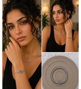 Premium Gümüş Renk Parlak Taşlı Şık 316L Çelik Sonsuzluk ve Kalp Figürlü Charm Bileklik (~18cm)