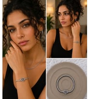 Premium Gümüş Renk Parlak Taşlı Şık 316L Çelik Sonsuzluk ve Kalp Figürlü Charm Bileklik (~18cm)