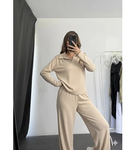 Polo yaka alt üst kollu modal takım bej pt