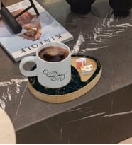 BK Gift Kişiye Özel Mermer Tasarımlı Doğal Ahşap Tabaklı Türk Kahvesi Fincanı Sunum Seti Model 12