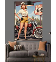 Route 66'Da Poz Veren Bir Kadın Dekoratif Kanvas - Mdf Ahşap Tablo
