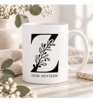 Kişiye Özel Baş Harf ve İsim Yazılı Botanik Dal Motifli Z Harfli Seramik Kupa Bardak