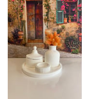 Özel Tasarım Yuvarlak Tepsi, Tealight Mumluk, Kapaklı Kutu, İskandinav Vazo Dekoratif Set (Beyaz)