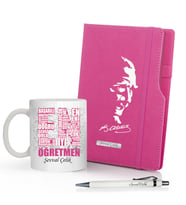 Kişiye Özel UV Baskılı Öğretmenler Günü Temalı Atatürk Siluletli  Pembe Defter & Beyaz  Kalem ve En İyi Öğretmen  Kupa Seti