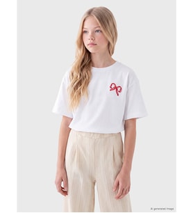 LCW Kids Beyaz Fiyonk Baskılı Kız Çocuk Tişört