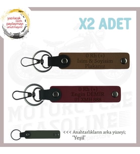 Motosiklet Tutkunlarına, İsim Plaka ve 0 Rh (+) Kan Grubu Yazılı Deri x2 Anahtarlık, Kahve-Bordo-Ysl (Çok Renkli)