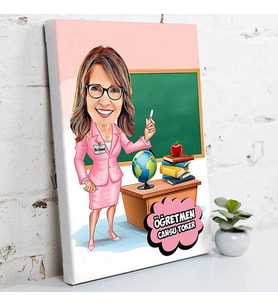 Kadın Öğretmen Karikatürlü Kanvas Tablo