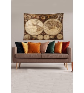 Kahverengi Dünya Haritası Desenli Leke Tutmaz Kadife Kumaş Duvar Örtüsü Duvar Halısı Tapestry