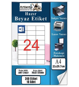 A4 Hazır Etiket 70x37.12 mm 10 Sayfa 1 Paket 24 lü Kendinden Yapışkanlı Fotokopi Lazer İnkjet Kağıdı Yazıcılar İçin Uyumlu (Beyaz)
