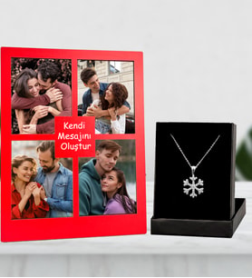 Kişiye Özel 4 Fotoğraflı Kendi Mesajını Oluştur Kırmızı Renk Kolaj Masaüstü Çerçeve Ve Gümüş Kartanesi Kolye
