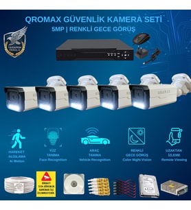 QROMAX 5 Kameralı Set - Yapay Zeka Özellikli İnsan Yüz Araç Tanımalı Gece Renkli Gösteren 5 MP SONY Lensli 4 Warm Ledli FULLHD Güvenlik Kamerası Seti 3404W