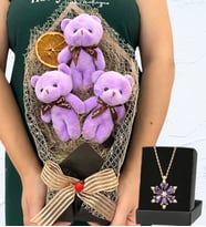 Büyük Boy 3'lü Peluş Ayıcık Buketi ve Gerçek Ametist Taşlı Lotus Kolye (Model 2)