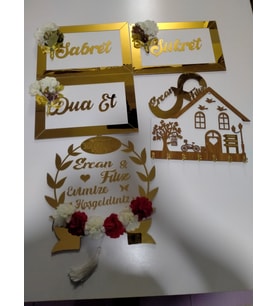 Sabret,Şükret,Dua Et-Allah,Muhammet,Elifvav  8 lı set Gold veya Gümüş seçenekleri ile duvar süsü