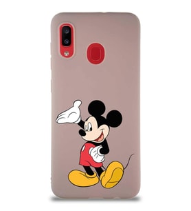 Samsung Galaxy A20 Soft Premier Kapak Mickey Mouse-C Tasarımlı Silikon Kılıf - Pudra (Şeffaf)