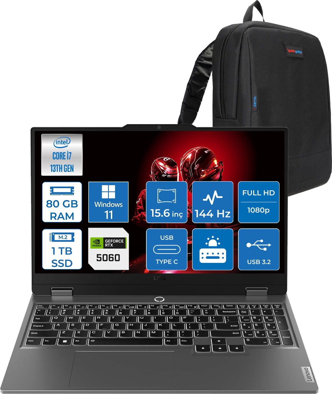 Lenovo Loq 15IRX10 Intel® Core I7-13650HX 80GB Ddr5 1tb SSD 15.6" 8GB/RTX5060 100W (1920X1080) IPS 300NITS 144Hz, G-Sync® WIN11PRO Gaming BILG.83JE00ETTRP23+ZETTAÇANTA