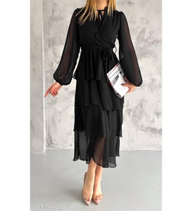Neşeli butik kadın astarlı eteği kat kat şifon elbise NBKKLF2041 (Siyah)
