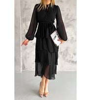 Neşeli butik kadın astarlı eteği kat kat şifon elbise NBKKLF2041 (Siyah)