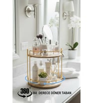 360 Derece Döner İki Katlı Bambu Makyaj ve Takı Organizeri - Gold, 25 cm