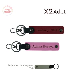 Komşuya Romantik Jest, İsim & Soyisim Yazılı 2’li Anahtarlık Seti, Pembe-Bordo-Gri