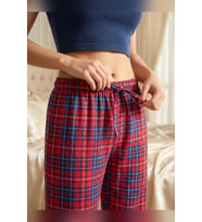 Büyük Beden Tek Alt Pijama Yumuşak Milan Kumaş İpli Bel Kırmızı Mavi Kareli Loungewear Pantolon