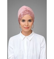 Pudra Pratik Hazır Geçmeli Tesettür Bone Sandy Kumaş Pullu Tek Çapraz 1907_06