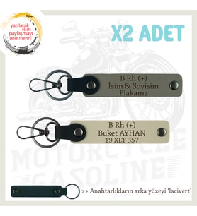 Motor Severlere Özel, İsim Plaka ve B Rh (+) Kan Grubu Yazılı x2 Anahtarlık, Kül Gri-S Kahve-Laci