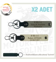 Motor Severlere Özel, İsim Plaka ve B Rh (+) Kan Grubu Yazılı x2 Anahtarlık, Kül Gri-S Kahve-Laci
