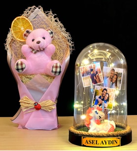 Kişiye Özel İsimli 3 Fotoğraflı Led Işıklı Fanus ve Pembe Peluş Ayıcık Buketi (Model 5)