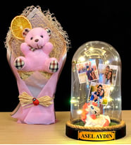 Kişiye Özel İsimli 3 Fotoğraflı Led Işıklı Fanus ve Pembe Peluş Ayıcık Buketi (Model 5)