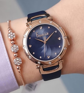 Lacivert Deri Kayışlı Taşlı Rose Gold Kadın Kol Saati + Zirkon Taşlı Bileklik