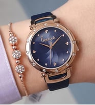 Lacivert Deri Kayışlı Taşlı Rose Gold Kadın Kol Saati + Zirkon Taşlı Bileklik