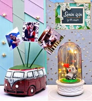 Kişiye Özel Hediye Seti 3 Fotoğraflı Bordo Vosvos Saksı ve Led Işıklı Fanus (Model 4)