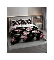 Lastikli Çarşaflı %100 Pamuk Saten Çift Kişilik Nevresim Takımı Black Flower