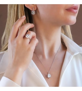 Zirkon Taşlı Kare Lotus Çiçeği Gümüş Set