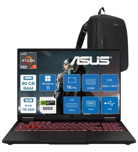 Asus Tuf Gaming A16 FA608UH Ryzen 7 260 Aı 80GB Ddr5 4tb+4tb SSD 16-Inch 8GB/RTX5050 115W, 1920 x 1200, Wuxga SRGB:%100 165Hz 3ms IPS WINDOWS11PRO Gaming Laptop ZRV099WP40+ZETTAÇANTA