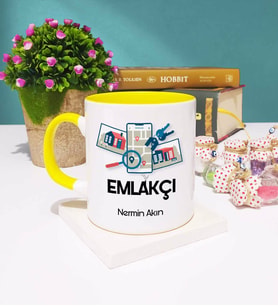 Emlakçı Tasarımlı Kişiye Özel Hediye Emlakçı Kupa Bardak Sarı