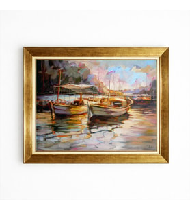 Tablore Gün Batımı Deniz Ve Sandallar Temalı Modern Klasik Altın Çerçeveli Tablo