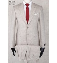Keten Pileli Pantolon  Slim Fit Sivri  Yaka-Çift Yırtmaç Fileli Astar Drop 6  Takım Elbise (Bej)