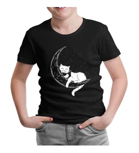 Black Cat Reading on the Moon Siyah Çocuk Tshirt
