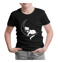 Black Cat Reading on the Moon Siyah Çocuk Tshirt