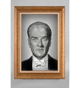 Altın Varaklı Çerçeveli Paspartulu Atatürk Tablo a293 (Gold)