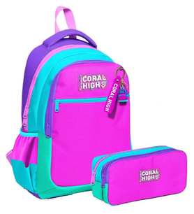Coral High Üç Bölmeli İlkokul Sırt Çantası ve İki Bölmeli Kalemlik - Kız Çocuk - Pembe Yeşil Çok Renkli