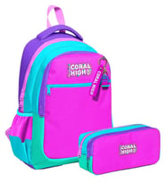 Coral High Üç Bölmeli İlkokul Sırt Çantası ve İki Bölmeli Kalemlik - Kız Çocuk - Pembe Yeşil Çok Renkli