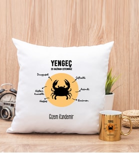 Kişiye Özel Yengeç Burcuna Hediye Kare Yastık ve Gold Kupa