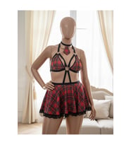 Büyük Beden Kırmızı Ekose Babydoll Fantezi Gecelik Takım Yüksek Bel - 19036