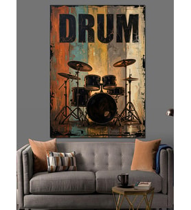 Grunge Tarzı Bateri Davul Seti Dekoratif Kanvas - Mdf Ahşap Tablo