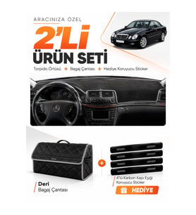 MERCEDES W211 E-CLASS (2002-2009) Uyumlu Torpido Örtüsü + Deri Bagaj Çantası + Sticker Seti - Siyah Gri