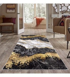 Siyah Beyaz Mermer Gold İşleme Yıkanabilir Kaymaz Taban Leke Tutmaz Modern Salon Halısı ve Yolluk