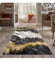 Siyah Beyaz Mermer Gold İşleme Yıkanabilir Kaymaz Taban Leke Tutmaz Modern Salon Halısı ve Yolluk